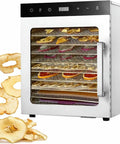 Silent Ten Tray Food Dehydrator Machine Smooth Eight Hundred Watt Electric Kitchen Appliance Adjustable Thermostat Digital Timer with fruit slices.