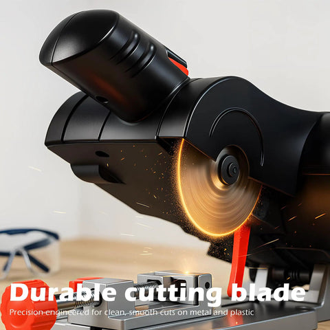 Close-up view of Miter Saw Benchtop Power Table Saw For DIY Projects A Handy Portable Wood And Metal Cutter showing cutting blade in action.