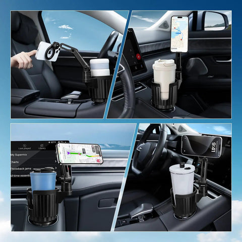 Magnetic Cup Holder Phone Mount For Cars MagSafe Compatible Adjustable 4.1 Inch Base with iPhone in various car interiors