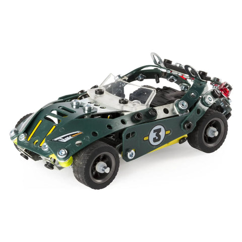 Roadster 5-In-1 Building Kit With 174 Parts, Pull-Back Racer, Real Metal Components for STEM Education featuring a green DIY car