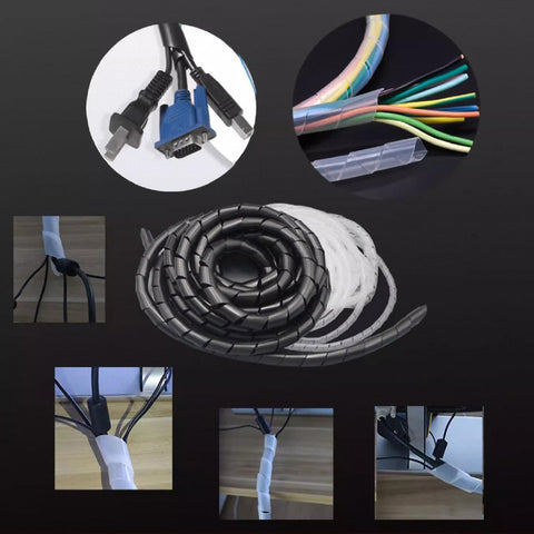 Spiral Cable Wrap Sleeve 5.5 Ft Coil 1 Inch Diameter PE Material Durable Flame Retardant Cord Organizer shown around cables