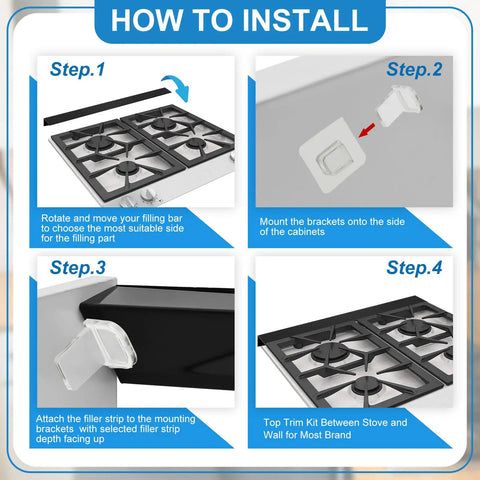 Installation guide for Three Pack Range Rear Filler Kit 30 Inch Triangular Fill Strip Cooktop Trim Kit With Screws Install Tools Gap Cover
