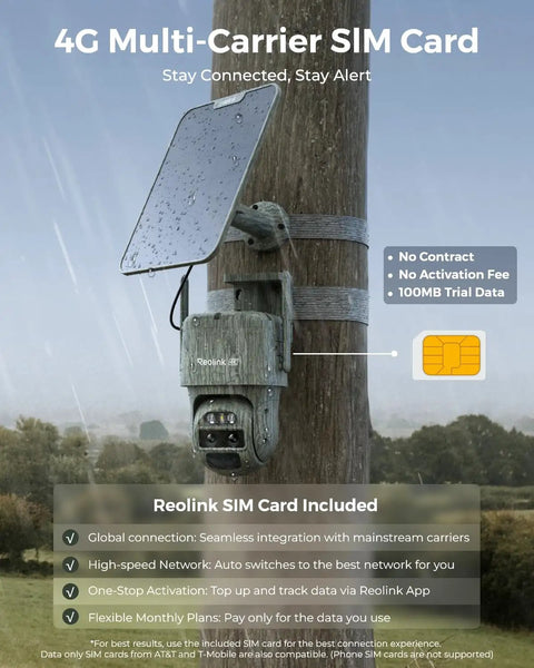4K Dual Lens Cellular Security Camera With 4G LTE SIM Card Included on a tree with solar panel, outdoor surveillance setup