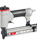 Hustle Ready 18 Gauge Pneumatic Brad Nailer with Beefy Aluminum Body and Comfort Grip straight shooting nail gun side view.