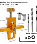 No Sweat Cabinet Door Installation Clamp With Adjustable Positioner And Lightweight Aluminum Hinge Drill Jig Dead Nuts Accurate Hardware Kit Includes Three Sharp Bits For Fast Prep, showing set components including clamp and drill bits.