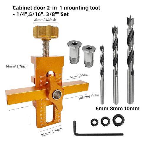 No Sweat Cabinet Door Installation Clamp With Adjustable Positioner And Lightweight Aluminum Hinge Drill Jig Dead Nuts Accurate Hardware Kit Includes Three Sharp Bits For Fast Prep, showing set components including clamp and drill bits.