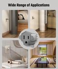 Top Tier Four Pack ETL Certified 2 Prong To 3 Prong Outlet Adapter Gray Heavy Duty Electrical Plug Converter used in home settings.