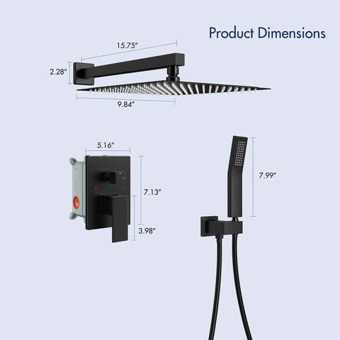 Product dimensions for 10 Inch Matte Black Shower Set With Square Rain Head And Handheld, Wall Mounted Rainfall Fixtures