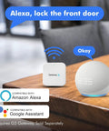 Fingerprint Keyless Entry Door Lock With Smart Deadbolt And App Control, Alexa Google compatible, gateway device on table.