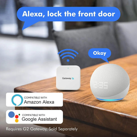 Fingerprint Keyless Entry Door Lock With Smart Deadbolt And App Control, Alexa Google compatible, gateway device on table.