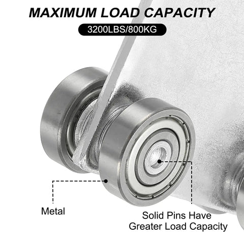 Four Bearing Trolley Assembly Set For Garage Hoist System, with four wheel rollers, load capacity details, metal components