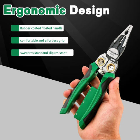 8 In 1 Wire Stripping And Cutting Tool With Voltage Tester Dual Alarm Needle Nose Pliers in hand showing ergonomic design