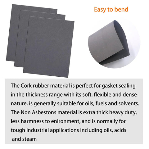 Gasket sheet set, front view, dark gray cork-rubber, non-asbestos, 15 x 11.8 in, 3-pack