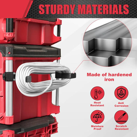 Extension Cord Holder For Packout Toolbox Storage on red stackable boxes with space-saving cord organizer attached