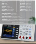 Digital Multimeter With USB And RS232, 55000 Counts High Accuracy, Desktop Temperature Meter shown on a desk with specs listed above