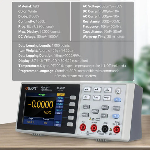 Digital Multimeter With USB And RS232, 55000 Counts High Accuracy, Desktop Temperature Meter shown on a desk with specs listed above