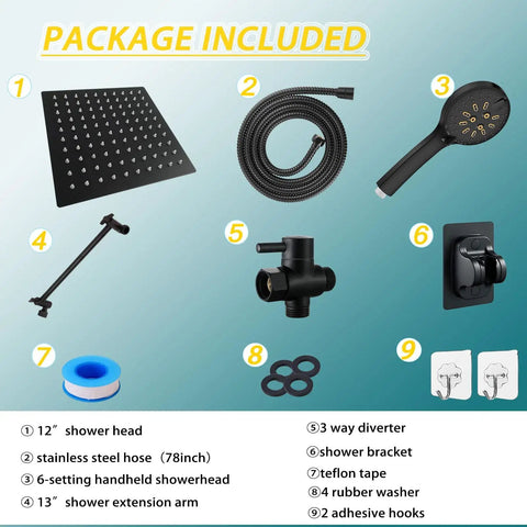 Package contents of 12 Inch High Pressure Square Shower Head With 6 Function Adjustable Handheld Spray, matte black.