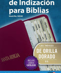 Spanish Gold Edged Bible Tabs Self Adhesive Index Stickers for Old New Testament Plus Catholic Books 90 Count on a blue background.