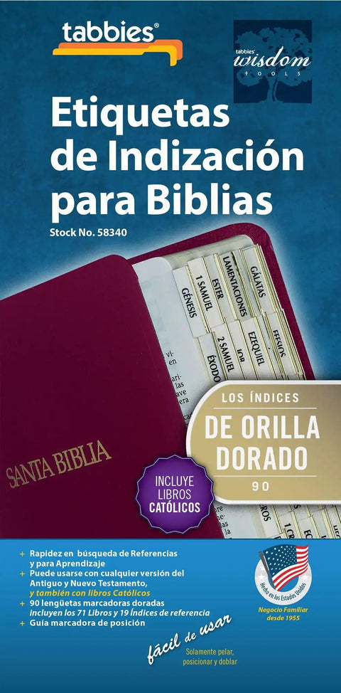 Spanish Gold Edged Bible Tabs Self Adhesive Index Stickers for Old New Testament Plus Catholic Books 90 Count on a blue background.