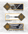 Telescoping Two Inch Round Inspection Mirror With Swivel Neck Extends Up To Thirty Three Inches Cushioned Grip Handle And Metal Clip Perfect For Tight Inspections Detail Work Automotive And Home Projects, showing mirror in use, compact design, and versatility