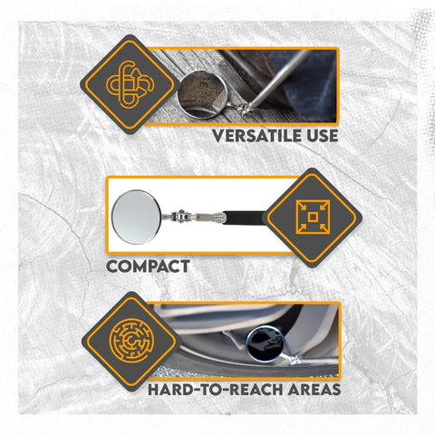 Telescoping Two Inch Round Inspection Mirror With Swivel Neck Extends Up To Thirty Three Inches Cushioned Grip Handle And Metal Clip Perfect For Tight Inspections Detail Work Automotive And Home Projects, showing mirror in use, compact design, and versatility