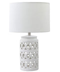 Geometric Cut Out Ceramic Table Lamp With LED Bulb, 18 Inch Tall, White Finish, Brushed Nickel Frame, Round White Fabric Shade