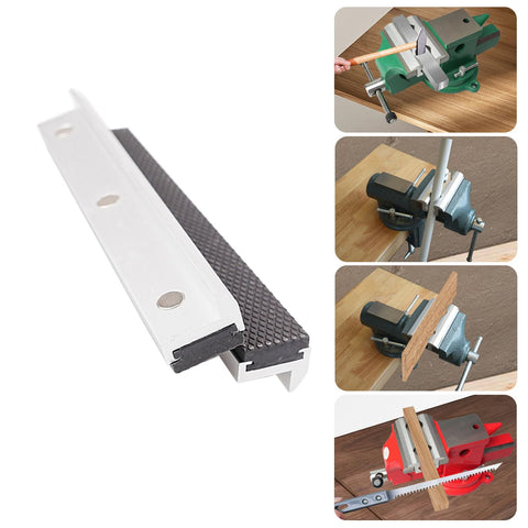 Vise Jaw Protective Covers Set Aluminum Rubber Protectors for bench vises shown with woodworking and metalworking setups