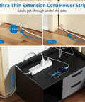 Ultra Thin Extension Cord 10 Ft With 3 Outlets And 2 USB Low Profile Rug Under Carpet Power Strip Flat Plug in use