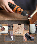 Pro-grade electric chainsaw sharpener kit in use with various attachments like sanding bands and cutting discs for multi-purpose tasks