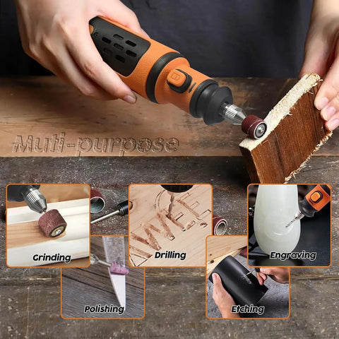Pro-grade electric chainsaw sharpener kit in use with various attachments like sanding bands and cutting discs for multi-purpose tasks