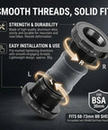 30mm External Bottom Bracket For 30mm Cranks Compatible With Rotor And Race Face External Socket Fit For Road Bikes Easy Install High Performance Upgrade For Smoother Pedaling And Durable All Weather Reliability, showing smooth threads and fit instructions.