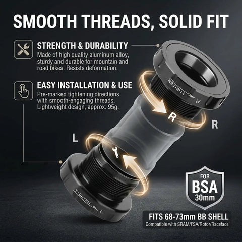 30mm External Bottom Bracket For 30mm Cranks Compatible With Rotor And Race Face External Socket Fit For Road Bikes Easy Install High Performance Upgrade For Smoother Pedaling And Durable All Weather Reliability, showing smooth threads and fit instructions.