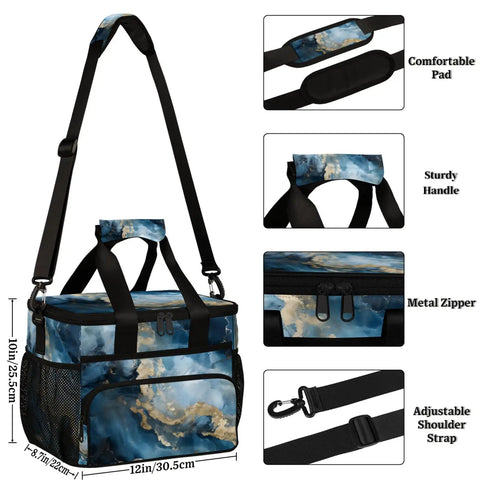 Insulated Picnic Backpack With Marbling Texture, Portable Lunch Bag, 12x8.7x10in, showing shoulder strap, sturdy handle, and metal zipper