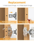 Concealed cabinet hinge replacement diagram showing 1-hole to 2-hole base hinge and mounting screws for faceframe doors.