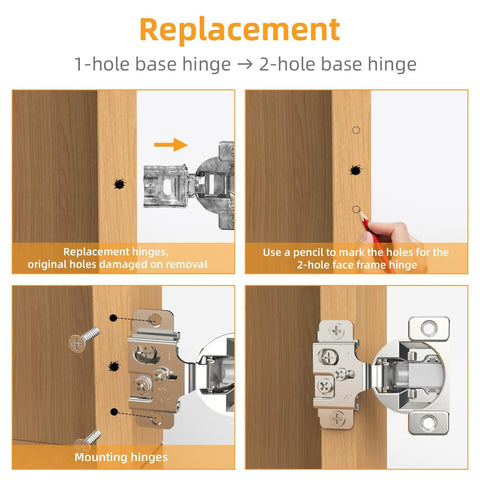 30 Pack Face Frame Cabinet Hinges With Soft Close Gliding Action And Half Inch Overlay Replacement guide for hinge installation.