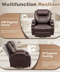 Cozy Leather 360 Degree Swivel Rocker Recliner With Massage, Side Pockets And Cup Holders, Plush Dark Brown Single Sofa Features