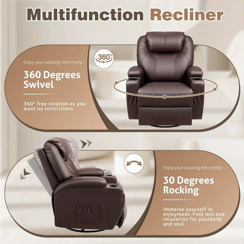Cozy Leather 360 Degree Swivel Rocker Recliner With Massage, Side Pockets And Cup Holders, Plush Dark Brown Single Sofa Features