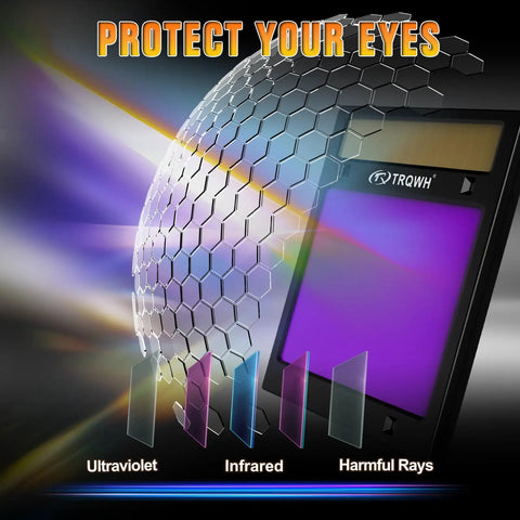 Large View Auto Darkening Welding Helmet With Led Light Solar Powered True Color Viewing Lens Four Arc Sensors illustrated protection