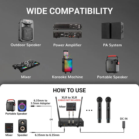 Wide compatibility guide for Rechargeable Wireless Microphone System With Dual Metal Handheld Mics And Box Receiver