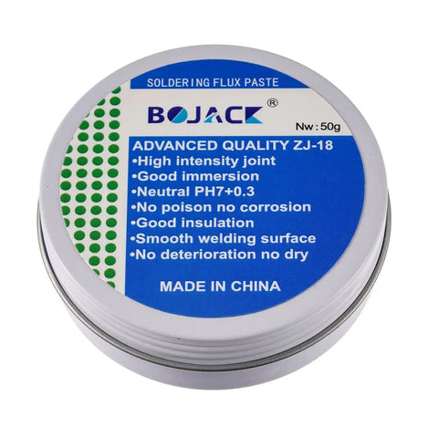 Rosin Solder Flux Paste For Electronics 50g tin with blue label, featuring product specifications, non-toxic and anti-corrosive qualities.