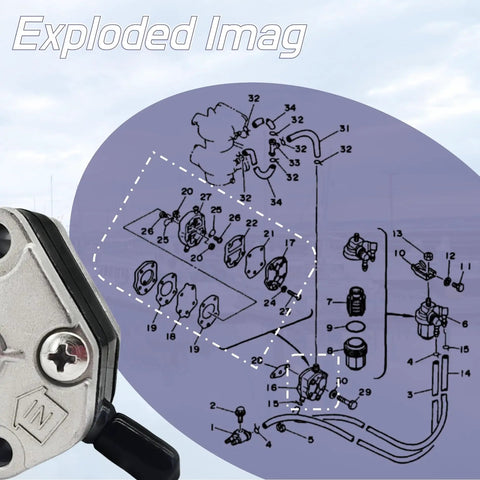 Exploded diagram of Go-To Fuel Pump Replacement for Yamaha Suzuki and Tohatsu Outboards with parts labeled.