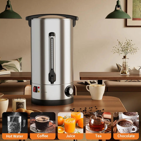 Commercial Grade 60 Cup Coffee Urn And Hot Beverage Dispenser Boasts Hella Solid Double Wall Steel Frame on a wooden table.