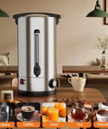 Honest To Goodness Commercial Coffee Urn 110 Cup Electric Coffee Maker With Double Wall Insulated Stainless Steel Thermal Beverage Dispenser in a modern kitchen setting.