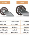 Chegulu 2" Rigid Plate Casters, Silent Rubber Furniture Wheels, Set of 4, showing 1.5 inch and 2 inch wheel sizes.