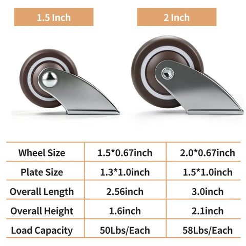 Chegulu 2" Rigid Plate Casters, Silent Rubber Furniture Wheels, Set of 4, showing 1.5 inch and 2 inch wheel sizes.
