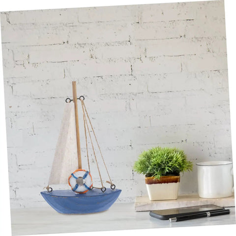 Mediterranean Wooden Sailboat Model Decor for Home and Office Cozy Cottage Nautical Vibe Ornament on desktop display