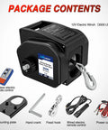 Beefy 3500 Lb Electric Boat Winch 12V DC With Remote Control And Hand Crank Portable Waterproof Reversible Trailer Winch For Boats Perfect For Small To Mid Size Boats Weatherproof Housing Smooth Operation Remote And Manual Crank Power In Freewheel package contents with mounting plate, hand crank, hook, remotes, and power cable