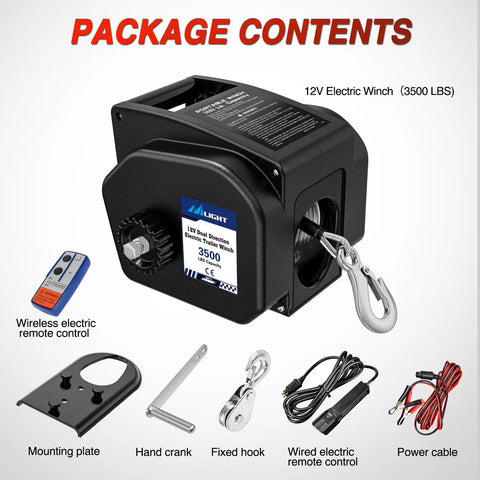 Beefy 3500 Lb Electric Boat Winch 12V DC With Remote Control And Hand Crank Portable Waterproof Reversible Trailer Winch For Boats Perfect For Small To Mid Size Boats Weatherproof Housing Smooth Operation Remote And Manual Crank Power In Freewheel package contents with mounting plate, hand crank, hook, remotes, and power cable