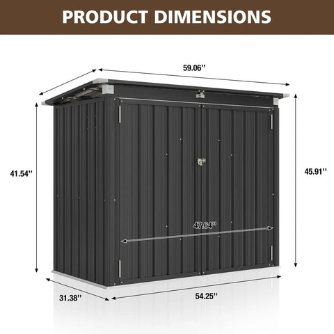Heavy Duty Outdoor Trash Can Storage Shed With Chain Lid, product dimensions shown for waterproof metal organizer