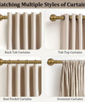 Brass Finish Curtain Rod Set In Warm Gold Tone, Heavy Duty Adjustable 72 To 144 Inch, shown with various curtain styles.
